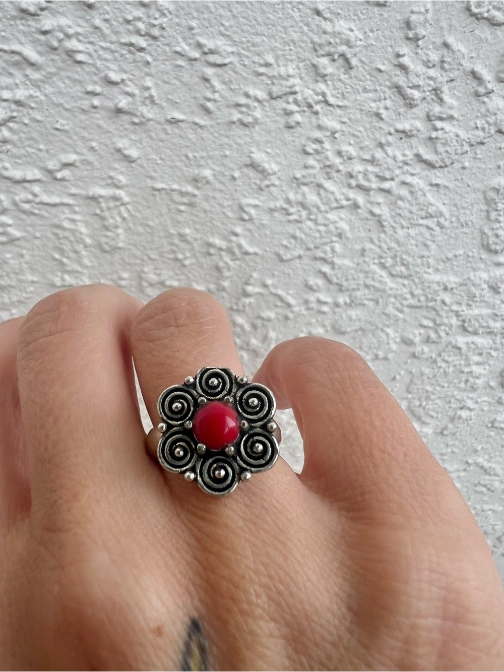 Silver Tone and Red Floral Whimsical Adjustable Ring